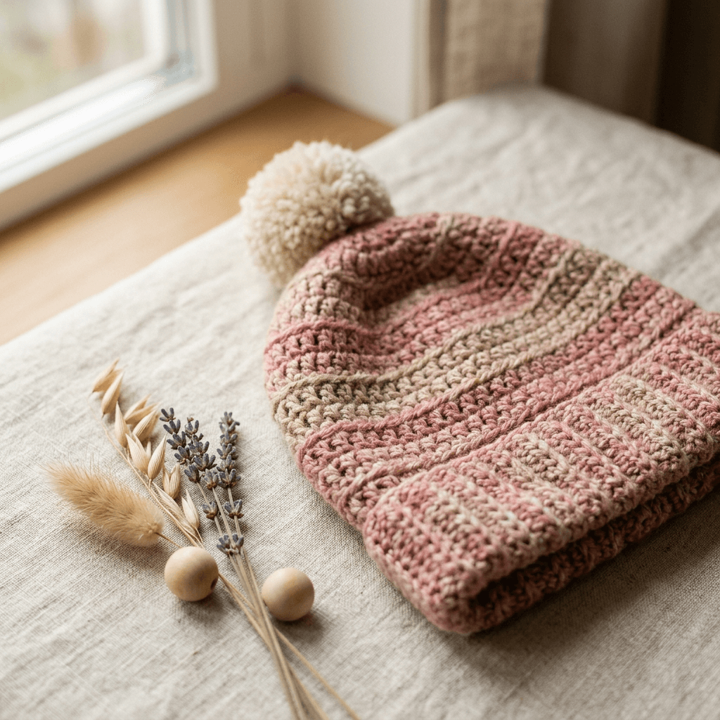 Gorrito de crochet sobre una superficie textil