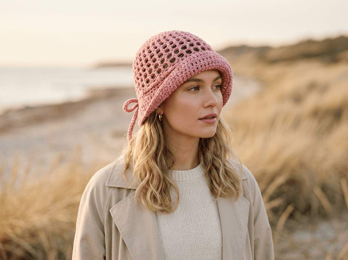 Mujer con mesh hat de crochet rosa tejido a mano